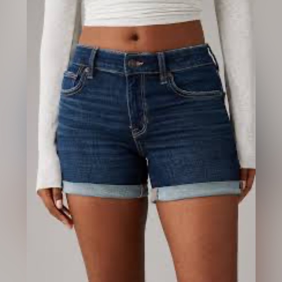 American Eagle Midi Next Level Stretch Mid Rise Cuffed Denim Jean Shorts 10 - Picture 1 of 7